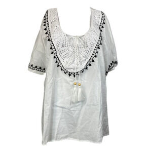 Cezele Shirt Womens Sz L Cotton Woven V-Neck Tassle Peasant Top Boho Embroidered